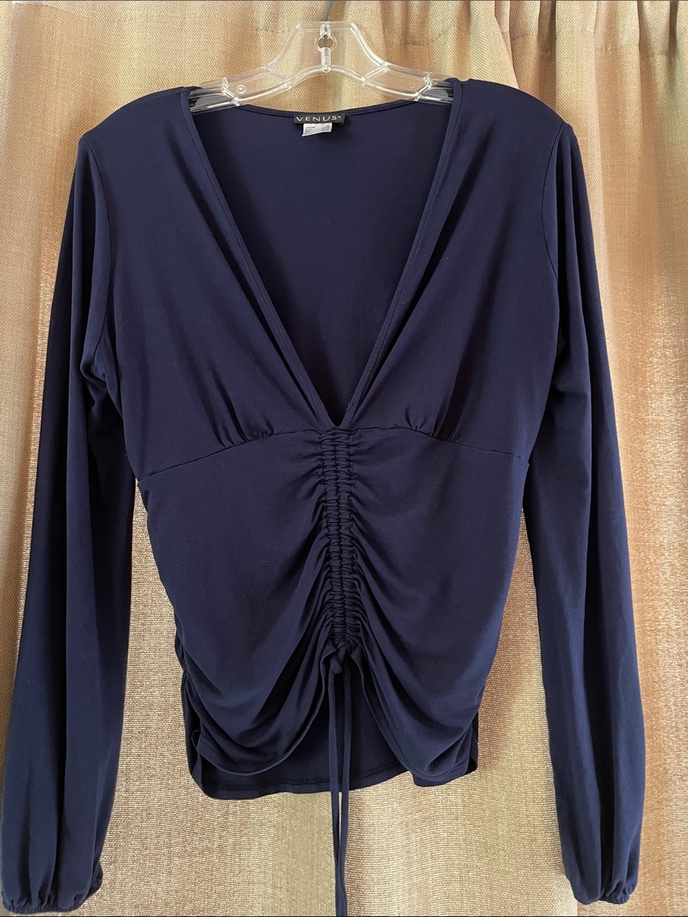 VENUS Navy Long-Sleeve Ruched V-Neck Top. NWOT.